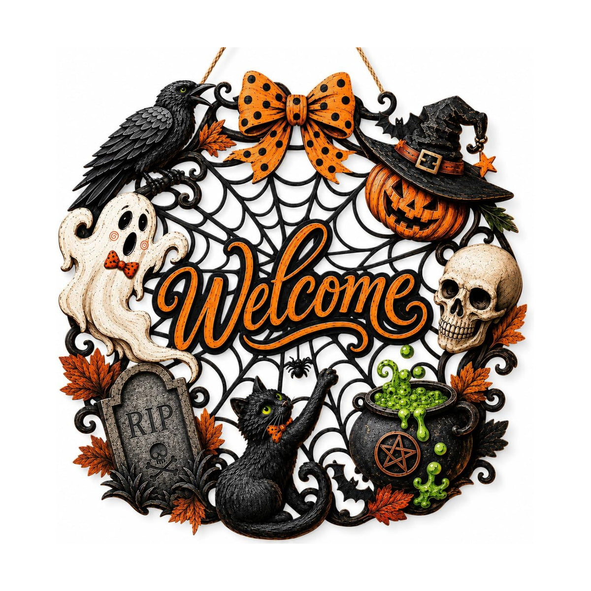 Halloween Wreath for Front Door, Wooden Welcome Sign, Black Cat and Ghost