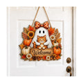 Halloween Door Wreath, Wooden Ghost Cat Welcome Door Wall Sign