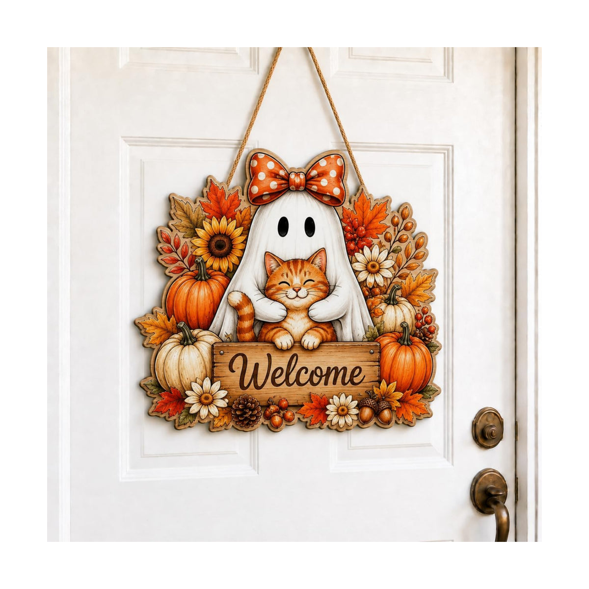 Halloween Door Wreath, Wooden Ghost Cat Welcome Door Wall Sign