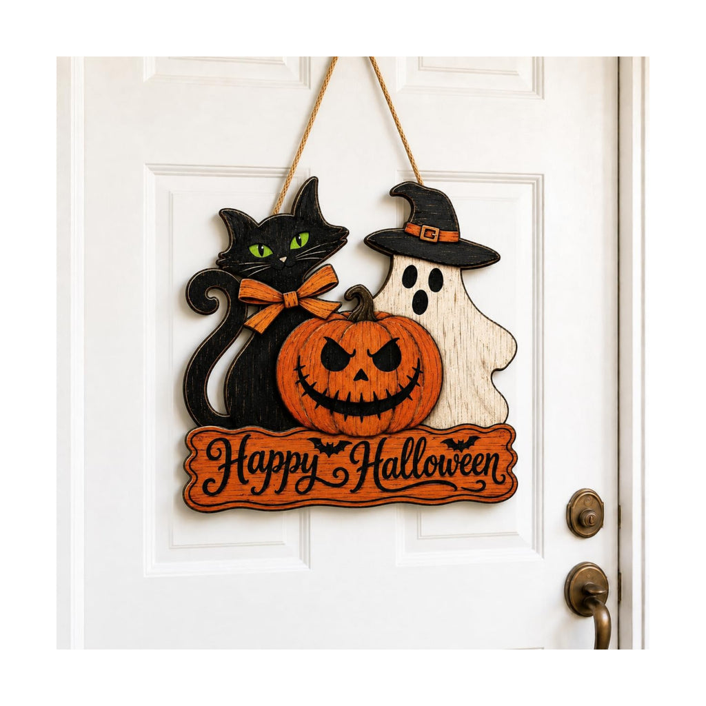 Halloween Door Sign, Wooden Black Cat Ghost Pumpkin Happy Halloween Wreath