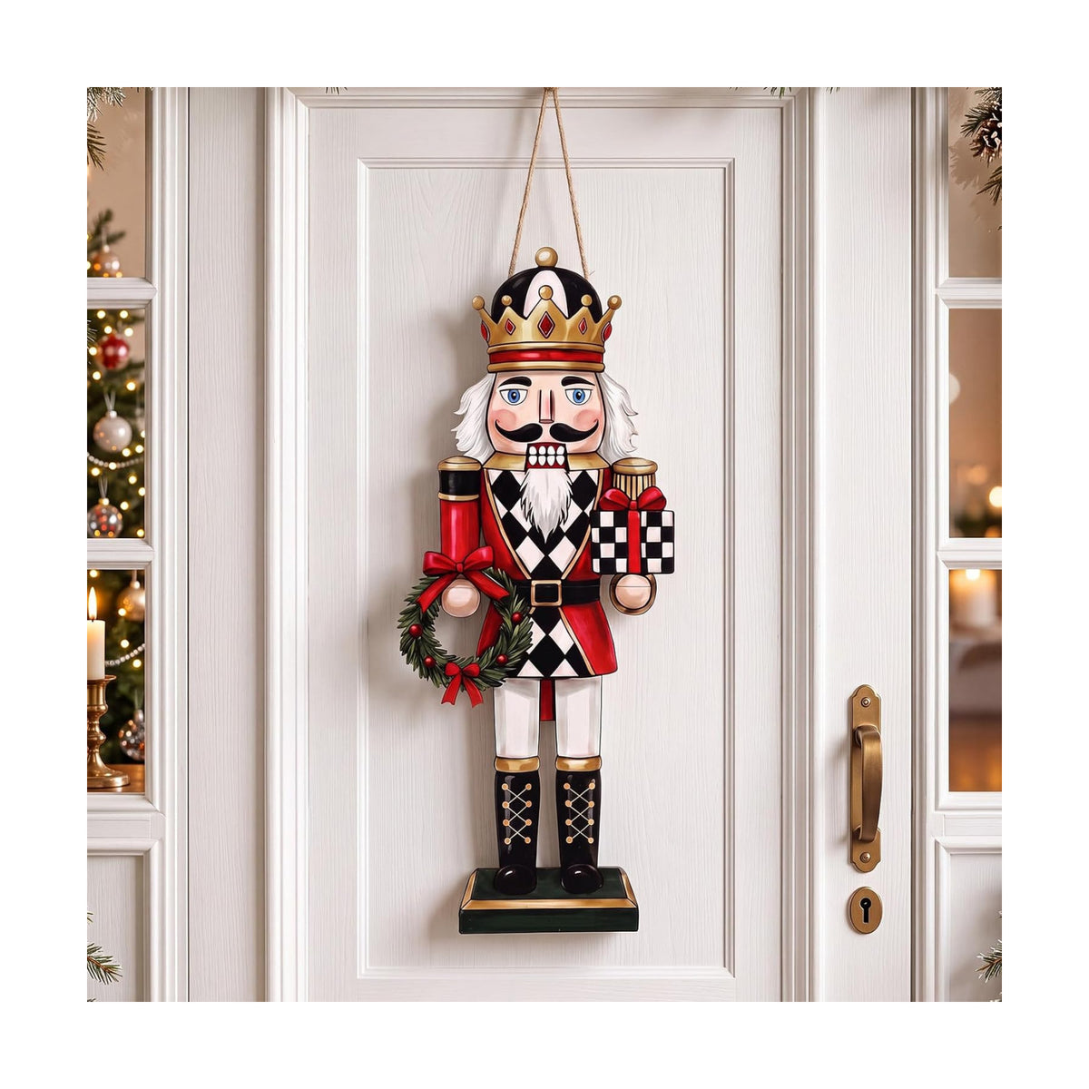 RattanView Christmas Checkered Soldier Nutcracker Door Hanger Wooden Nutcracker Soldier Knight Porch Wreaths Home Sign Front Door Ornament for Farmhouse Indoor Outdoor Yard Porch