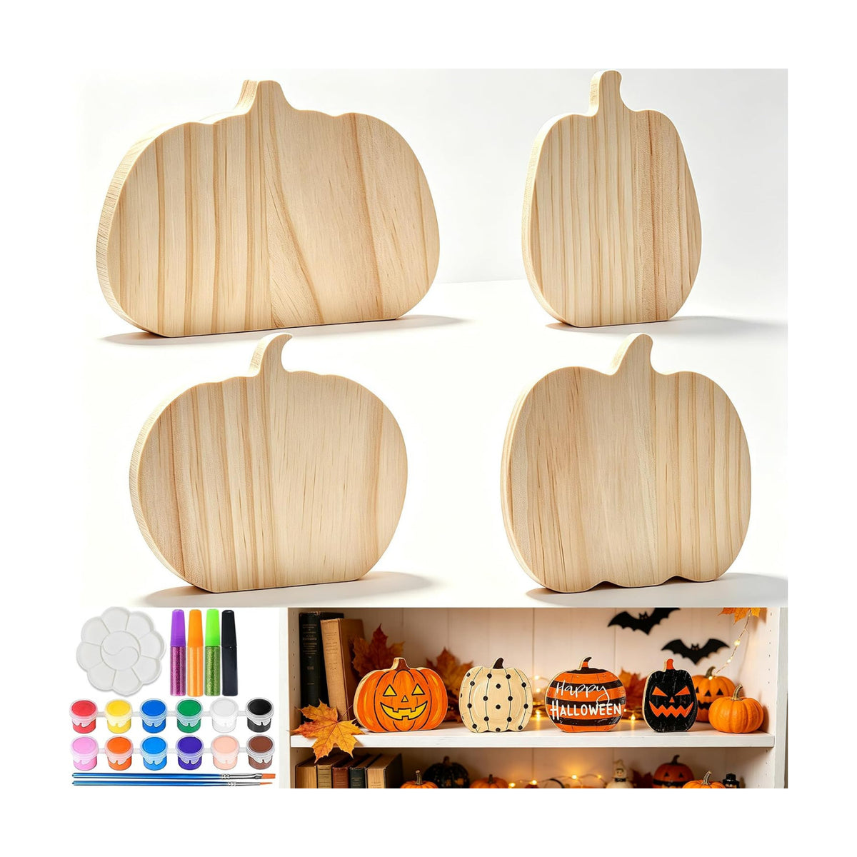 Halloween Wooden Pumpkin Craft Kit, DIY Paintable Tabletop Ornaments Set