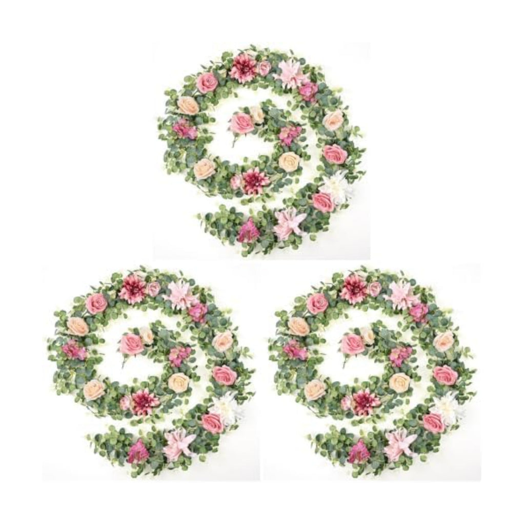Waipfaru 8.85Ft Flower Garland, Eucalyptus Greenery Garland with Flowers, Pink Rose Floral Vines for Wedding Reception Table Mantle Room Spring Summer Decor (Pink) (Pack of 3)