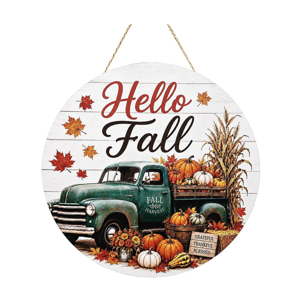 Fall Door Sign, 11.5" Wooden Hello Fall Sign with lanyard, Autumn Hanger