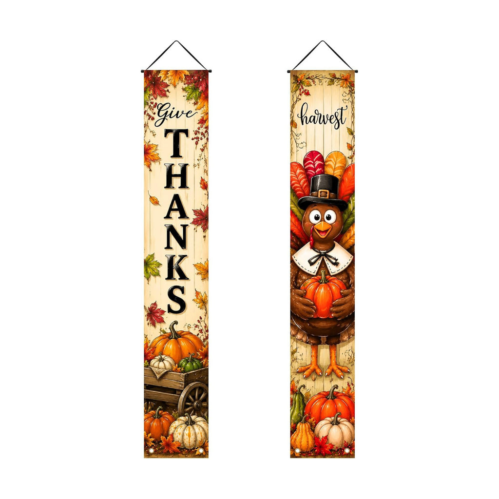 IVN Give Thanks Turkey Porch Banner Thanksgiving Decor 2 Pcs