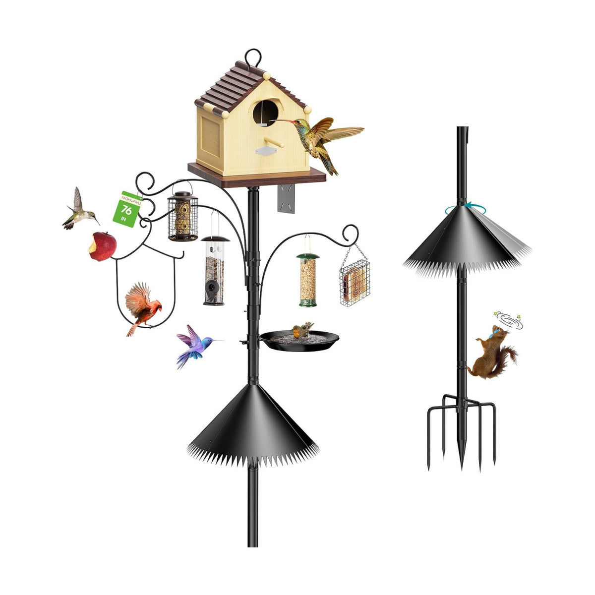 76 Inch Bird Feeder Pole Squirrel Proof, Heavy Duty Bird House Pole, Adjustable Bird Feeder Stand with 3 Shepherds Hooks, Mental Trays, Hummingbird Swing