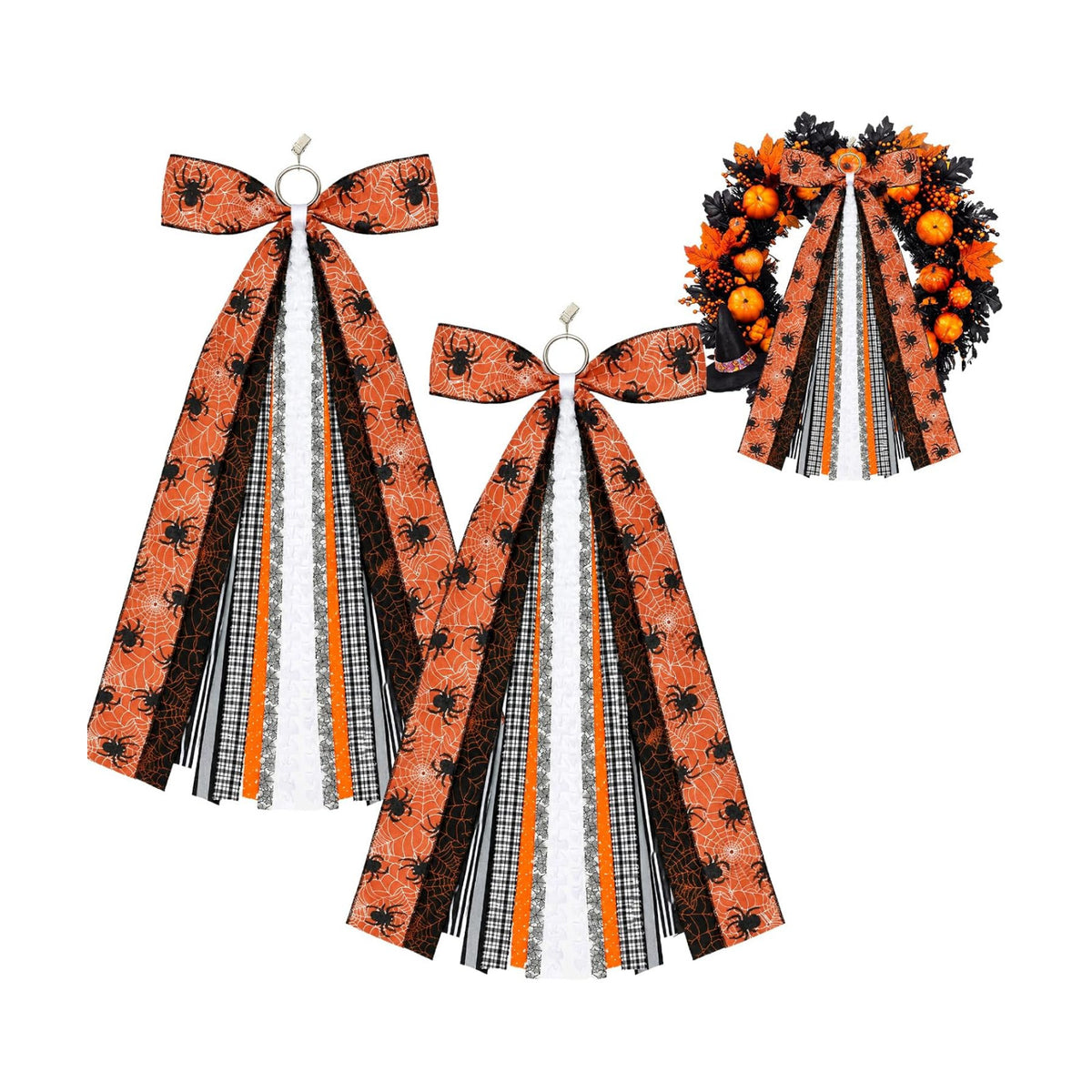 Suncalla 2 Pcs Halloween Orange Spider Web Ribbon Bow for Wreath Front Door