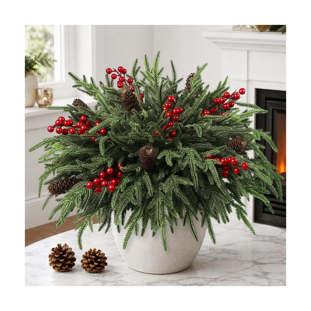 JOICEE 24Pcs Real Touch Norfolk Pine Branches with Pinecones Red Berries