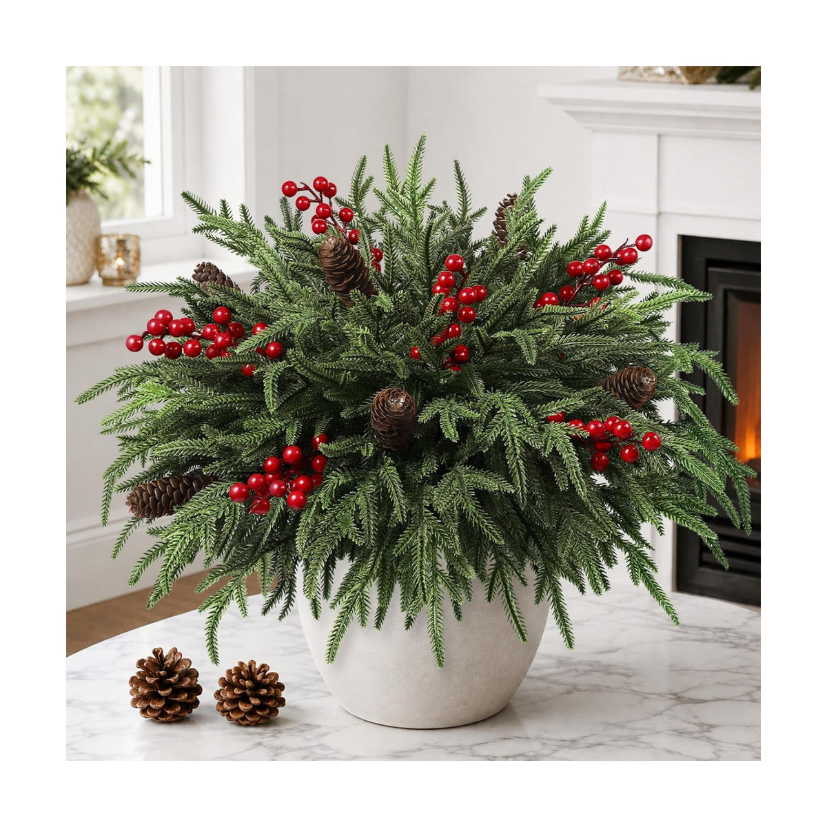 JOICEE 24Pcs Real Touch Norfolk Pine Branches with Pinecones Red Berries