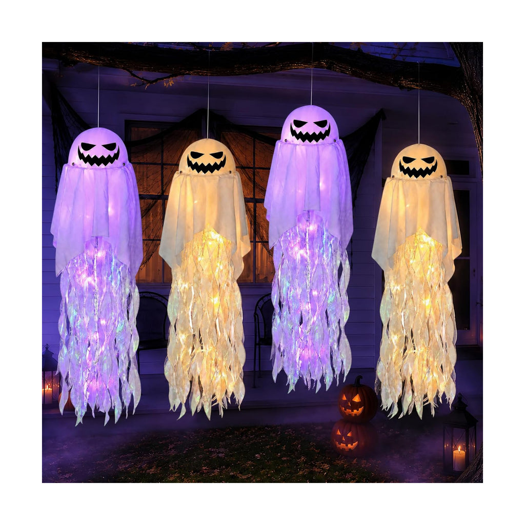 4 Pack Halloween Hanging Ghosts, 28 Inch Light Up Decor, 4 DIY Face Styles