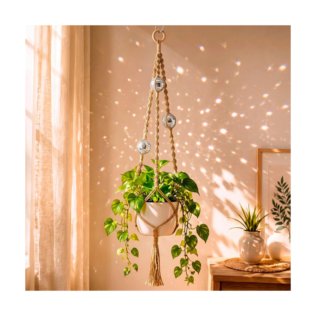 Shappy Macrame Disco Ball Plant Hanger, Boho Hanging Planter Home Decor