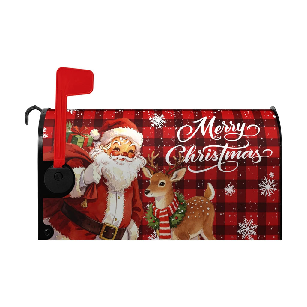 Christmas Santa Mailbox Covers Magnetic 21 x 18 Inch Xmas Deer Mailbox Cover Red Black Buffalo Plaid Holiday Post Box Letter Wraps Standard Size for Garden Outdoor Decor
