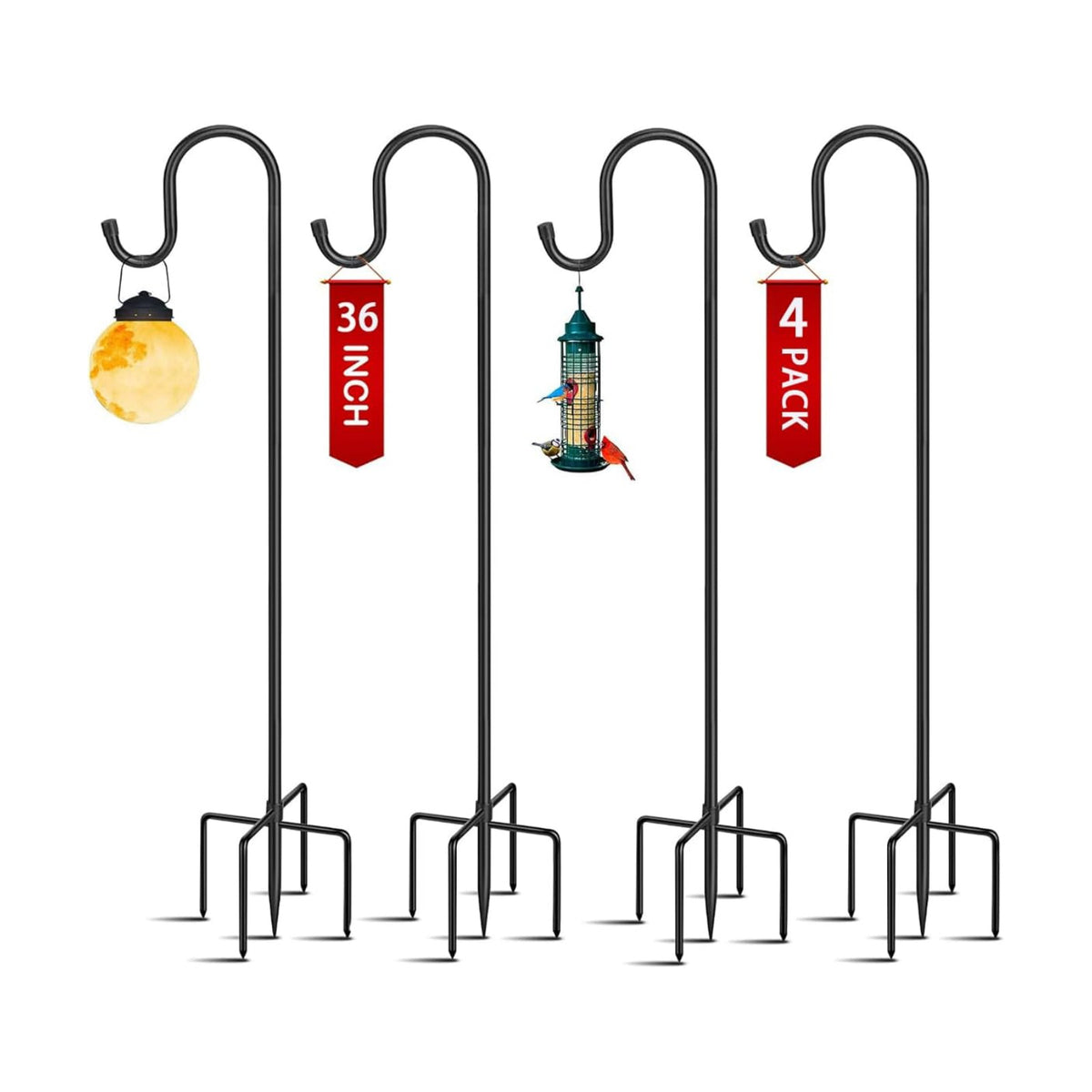 36in 5‑Prong Shepherd Hooks,4‑Pack Heavy‑Duty Iron Garden Hooks for Outdoor