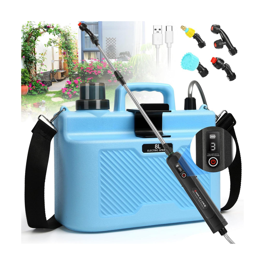2 Gallon Battery Powered Sprayer, Upgrade Electric Garden Sprayer with 4 Types of Nozzles, 3-Level Adjustable Speeds