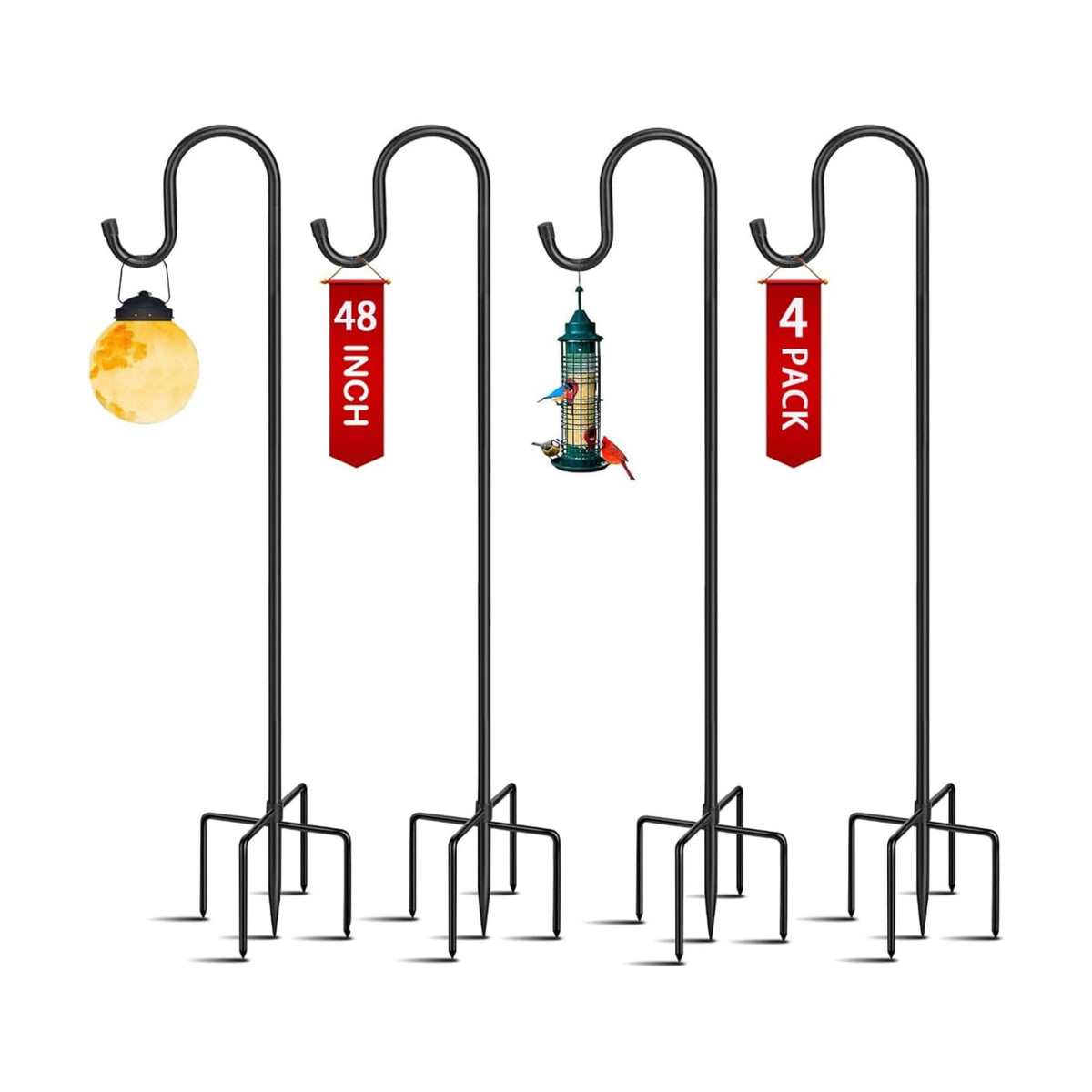 48in 5‑Prong Shepherd Hooks,4‑Pack Heavy‑Duty Iron Garden Hooks for Outdoor