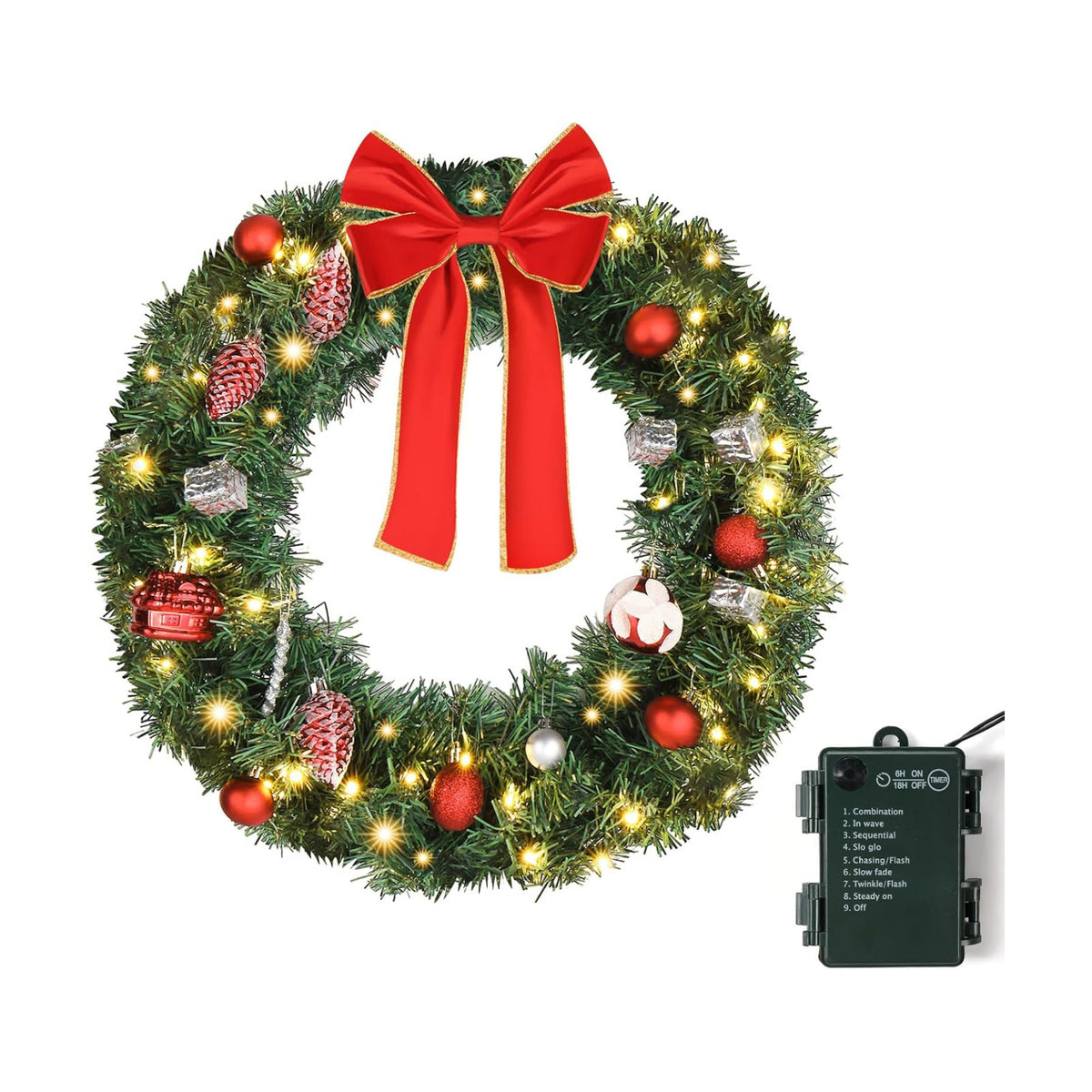 VINGLI 24 Inch Christmas Wreath Prelit Front Door Battery LED Decor Green