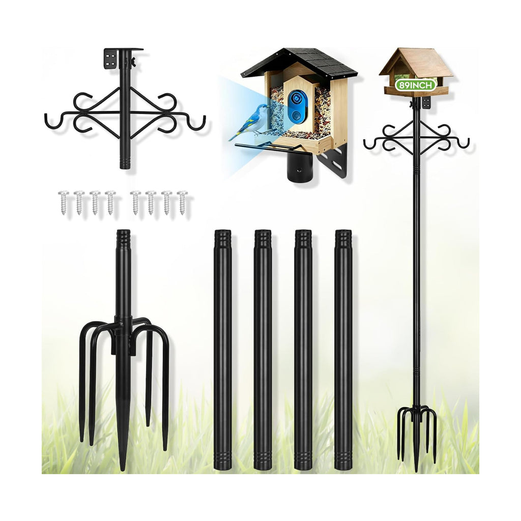 Gbekery 89’’ Smart Bird Feeder Pole Heavy Duty, 5-Prong Base & Double Hooks