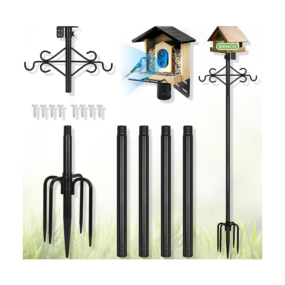 Gbekery 89’’ Smart Bird Feeder Pole Heavy Duty, 5-Prong Base & Double Hooks