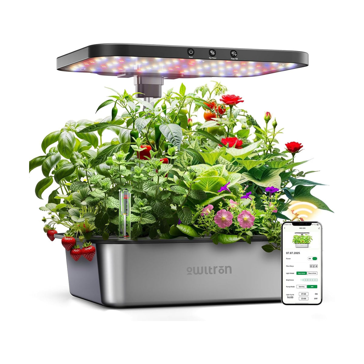 owltron Smart Hydroponics Growing System Kit,15 Pods Indoor Herb Garden with 36W LED Grow Light & APP Control, Planting Height Up to 30", Quiet Water Pump, Ideal Gift for All Ages Dark Silver