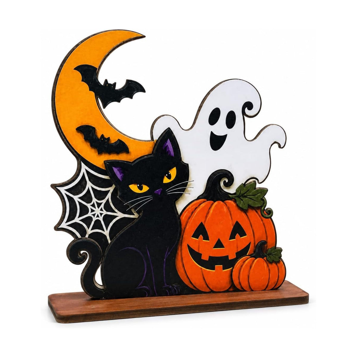 Halloween Wooden Tabletop Decoration, Cute Ghost Pumpkin Black Cat Decor, Spooky Fall Shelf Sign for Home Mantel Desk Office and Halloween Party