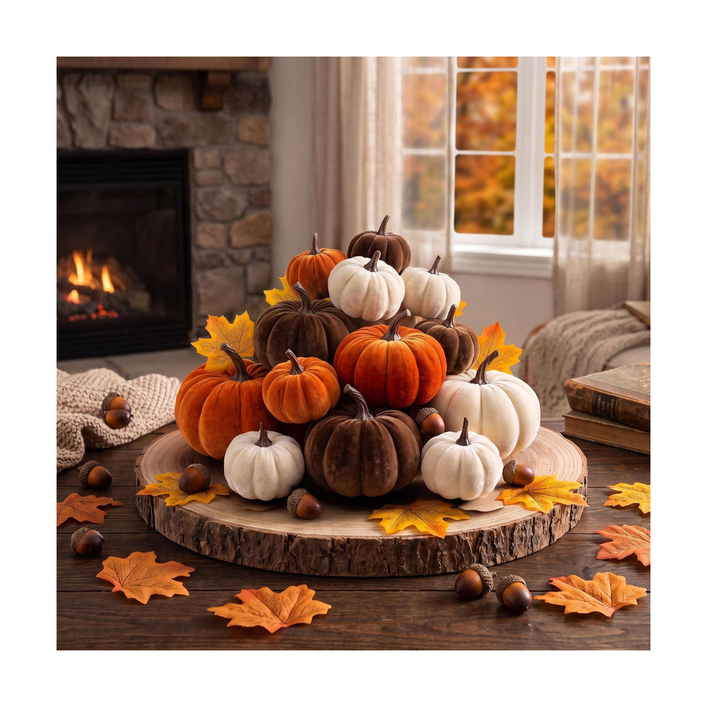 27Pcs Artificial Velvet Pumpkins Maple Leaves Acorns Fall Decor