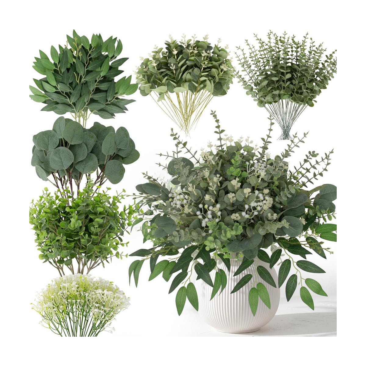 Hananona 270 Pcs Mixed Eucalyptus Leaves Stems Artificial Greenery Bulk