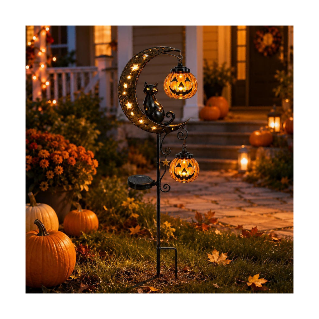 Solar Halloween Black Cat Pumpkin Moon Garden Stake Light for Outdoor Decor | Outdoor Waterproof LED Pumpkin Lights