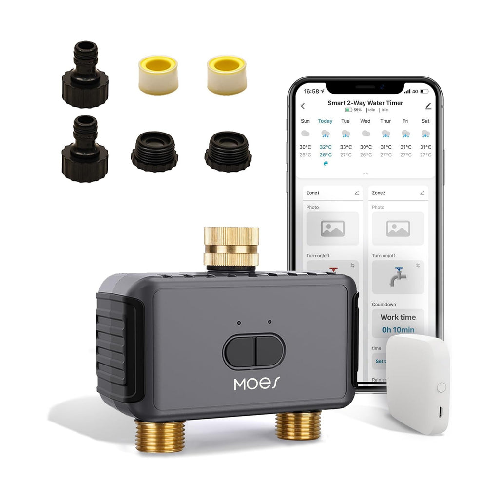 MOES WiFi Sprinkler Timer 2 Zone with BLE Hub, Brass Inlet & Outlet, Grey | Programmable Smart Watering System for