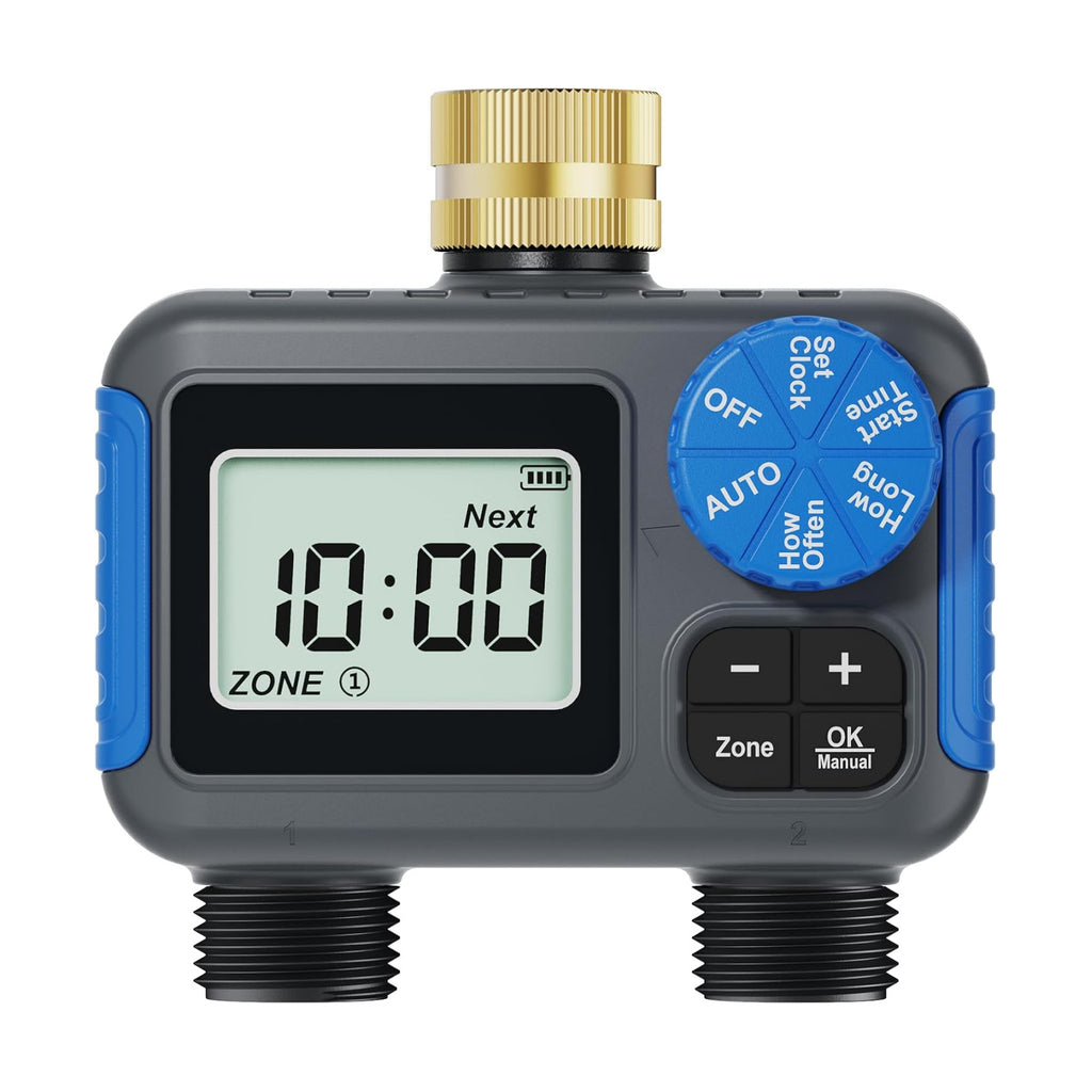 Sprinkler Timer, 2 Zone with Brass Swivel, Digital Irrigation Controller System with Rain Delay/Manual/Automatic
