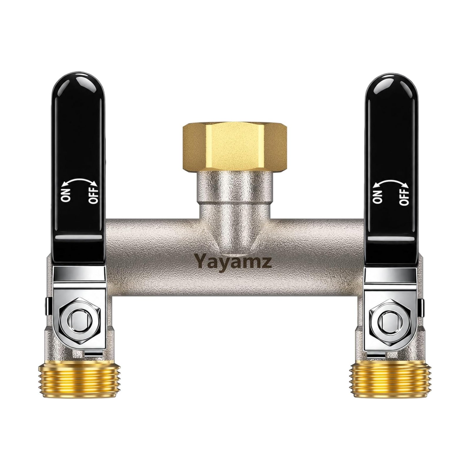 2 Way Garden Hose Splitter, 3/4" GHT Outdoor Faucet Splitter | Heavy-duty Solid Brass Body, Easy-turn Handles &