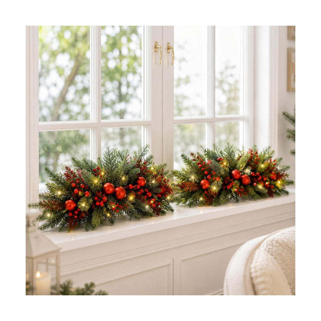 Yalikop 2 Pcs 24.5 Inch Christmas Swags with Light, Ball and Berry