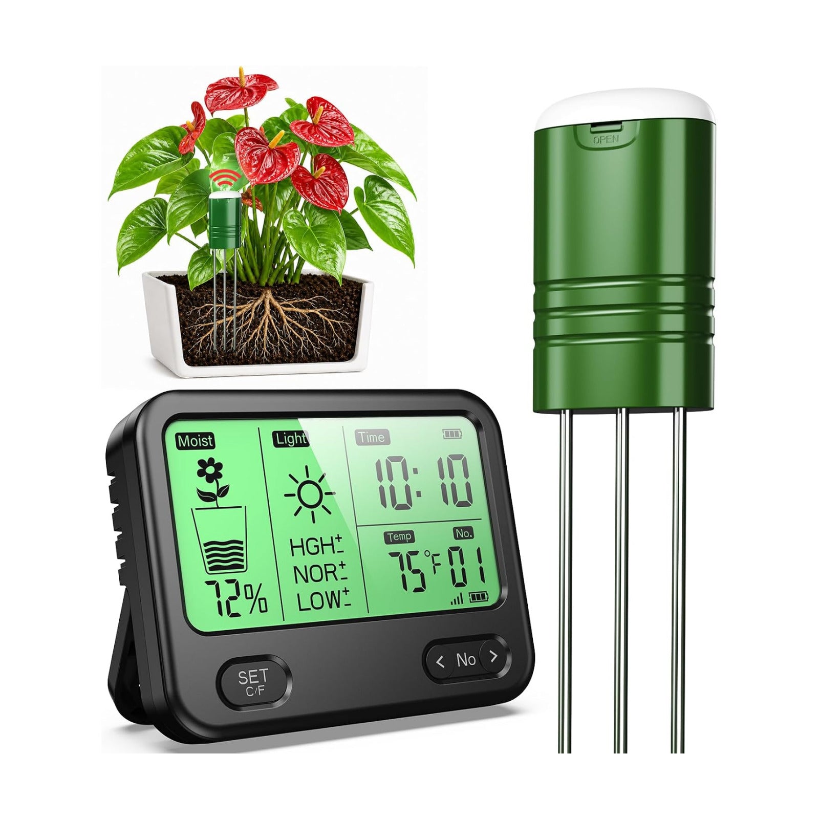 4-in-1 Soil Moisture Meter for Plants ,Soil Temperature /Moisture /Sunlight Time, Large Screen, Garden Soil Tester for