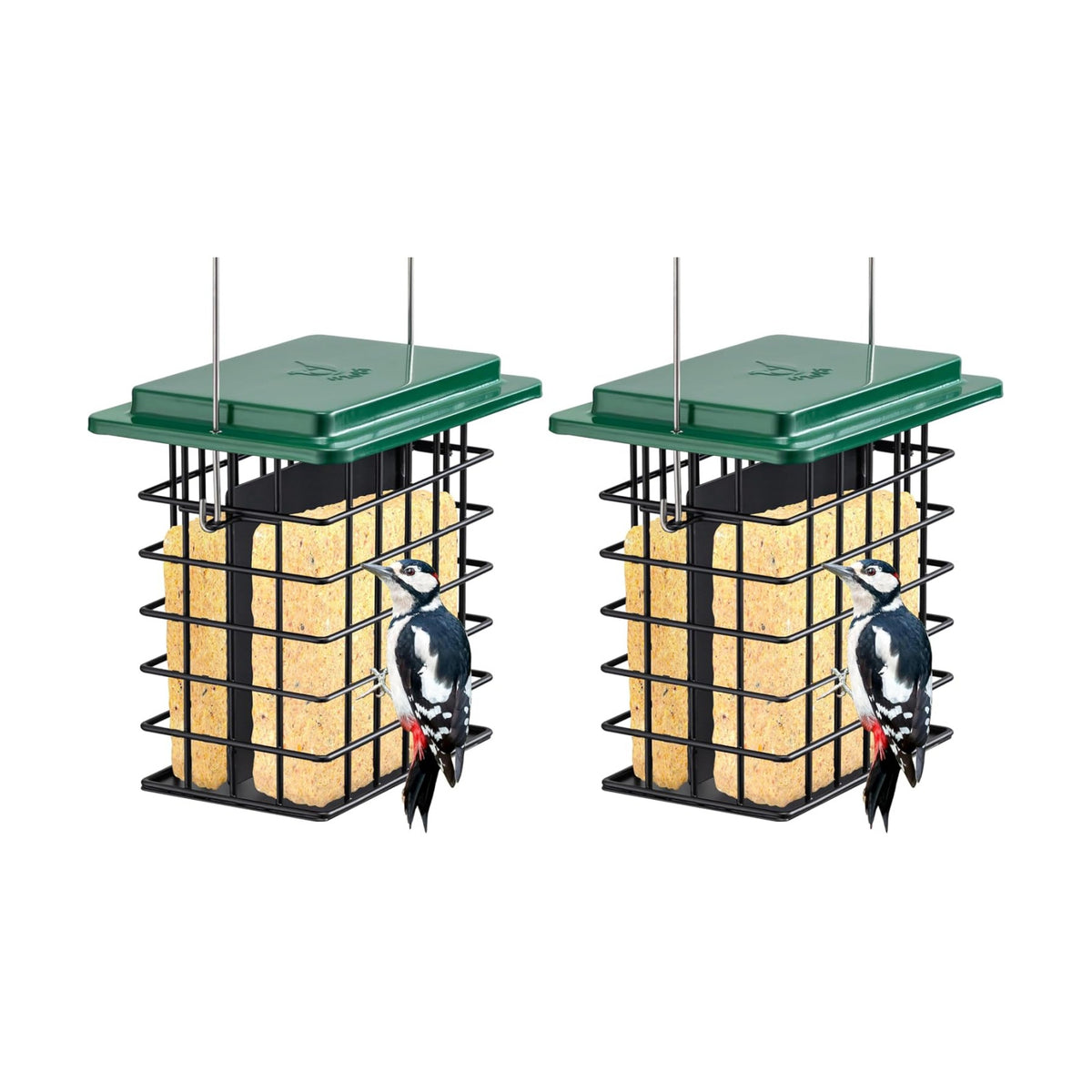 iBorn Double Suet Feeder- Metal Roof Bird Feeder with Taller Grid for Woodpeckers, Suet Cake Cage Bird Feeder for Outdoors Hanging,Easy-Clean & Refill,Green (2 Pack)