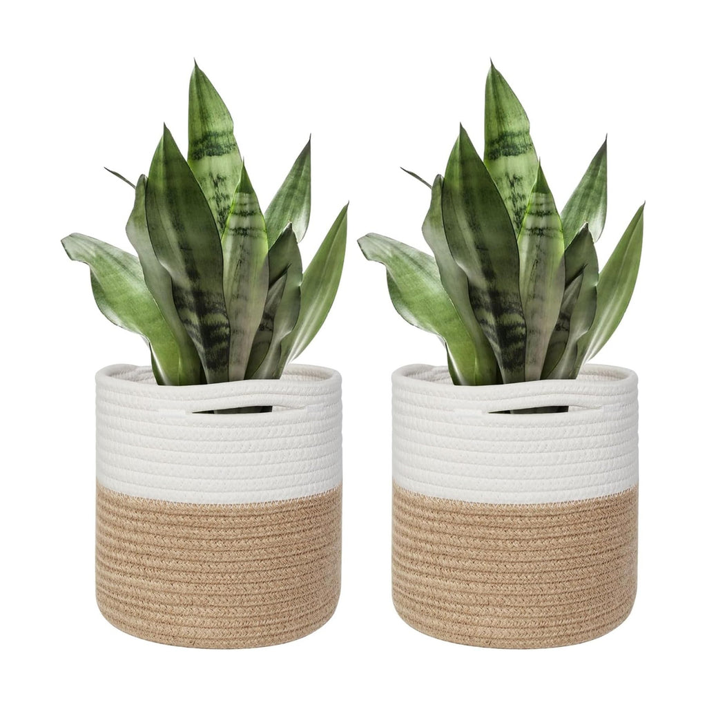 MEGASKET Small Wicker Plant Basket Indoor, 8"x8" Jute Spliced Cotton Rope Basket Planter Up to 7" Pot, Modern Flower Tree Pots Cover, Small Floor Woven Planters, Home Decor Storage Bin (Pack of 2)