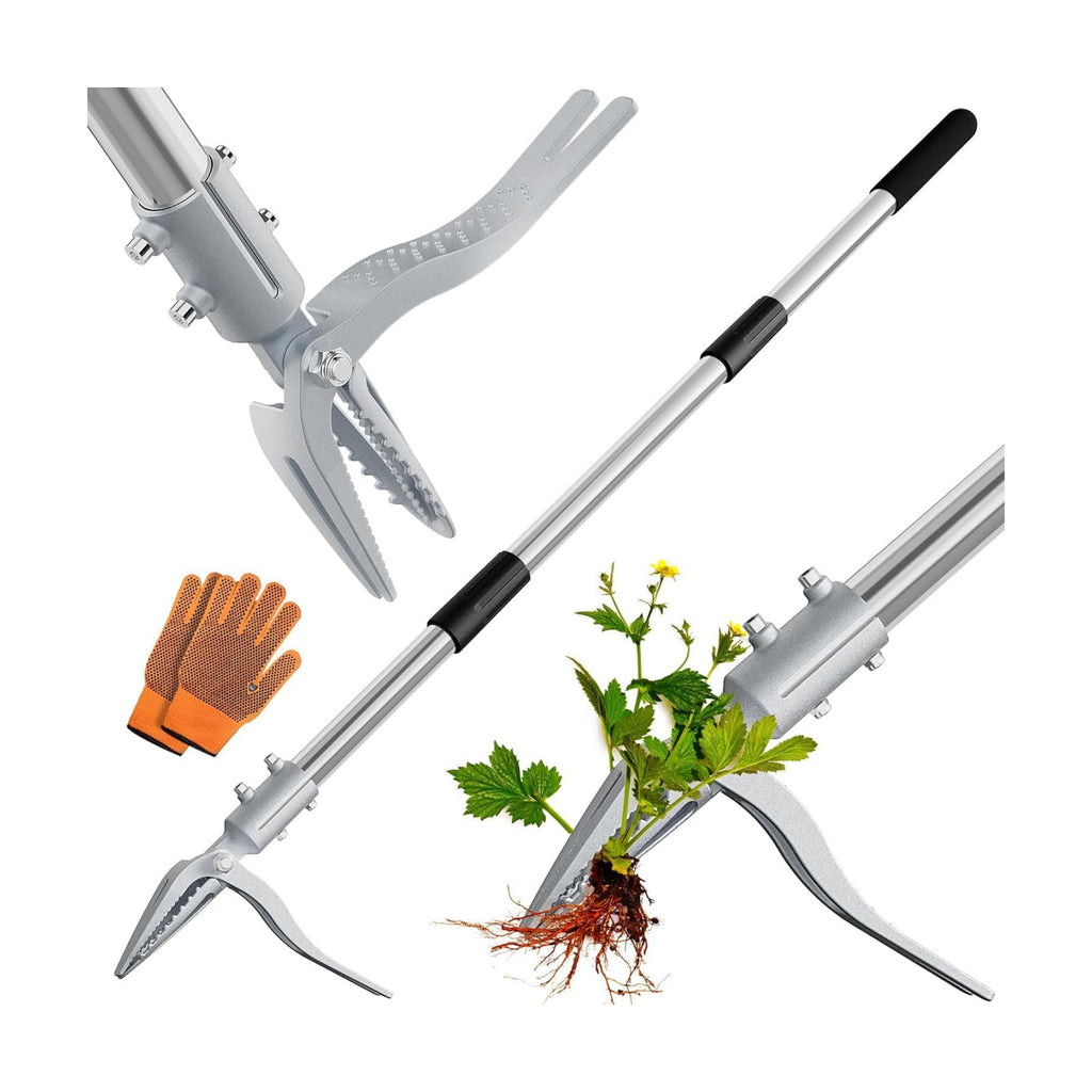 Weed Puller Tool with Gloves, Long Handle Stand Up Weed Tool, Heavy Duty Weeder Remover Tool with 4 Claw Steel Head for
