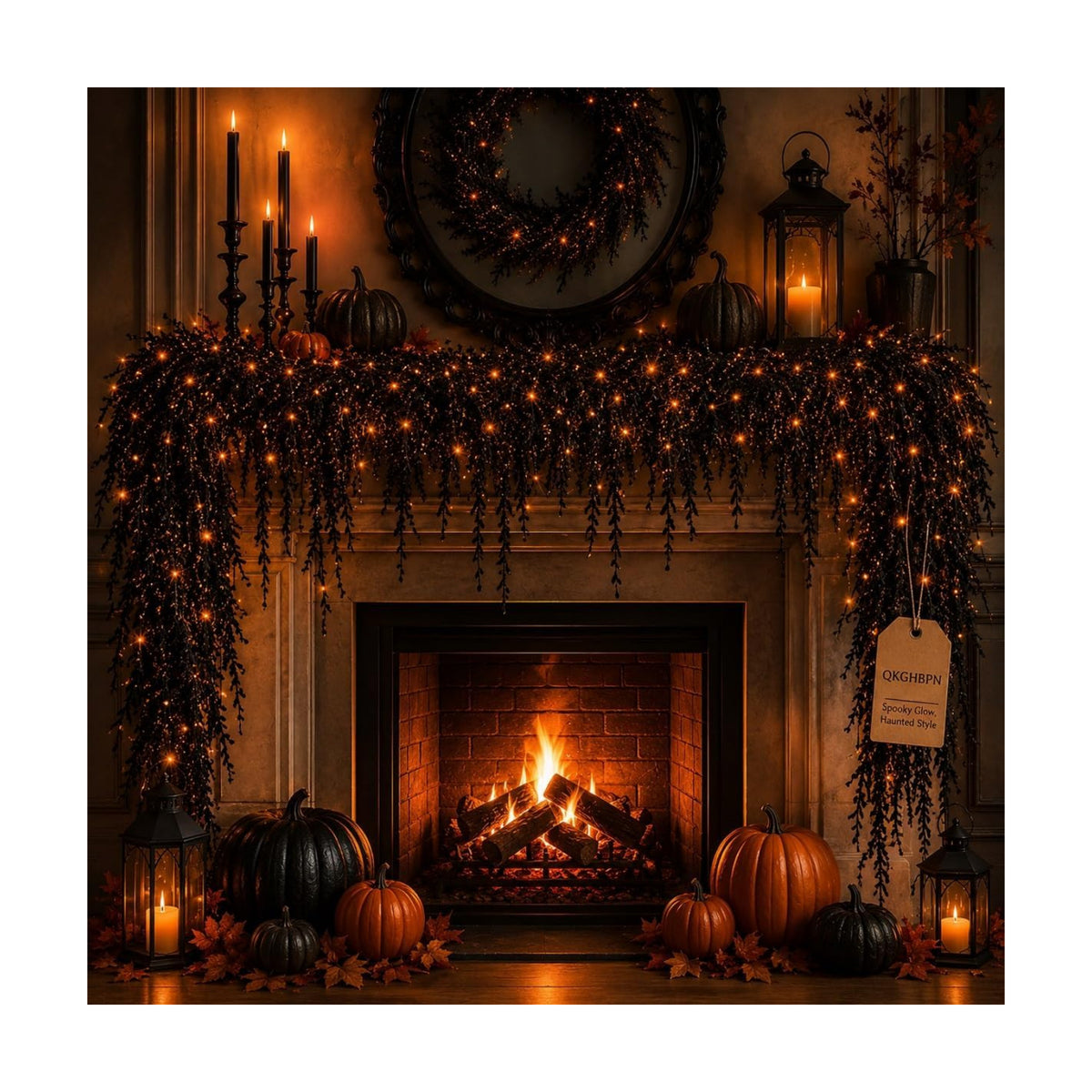 Halloween Garland with Lights, Creepy Black Vine Garland for Mantel Decor