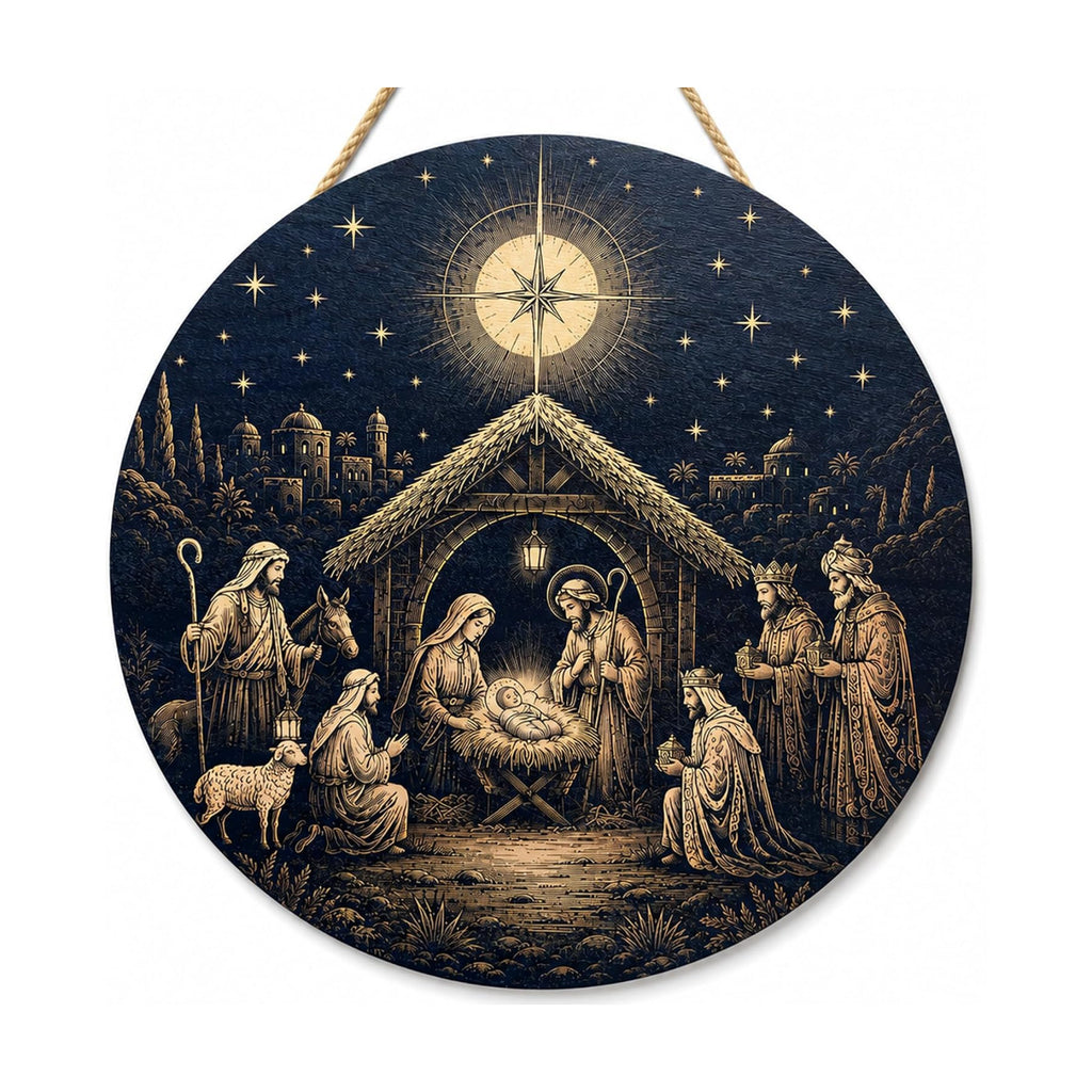 Christmas Decorations - Jesus Nativity Scene Wooden Sign for Front Door