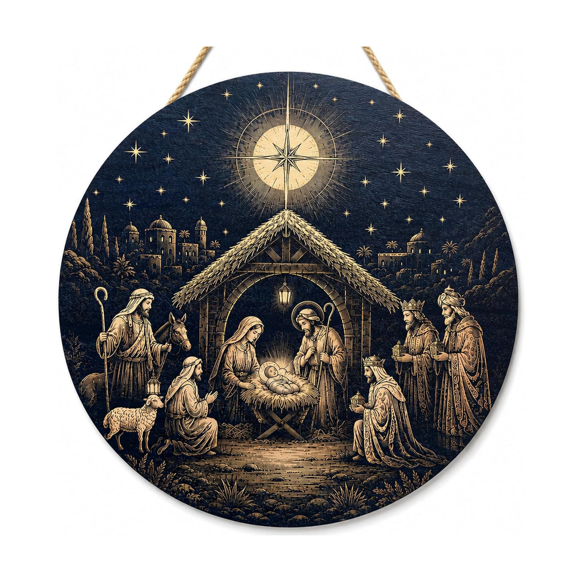 Christmas Decorations - Jesus Nativity Scene Wooden Sign for Front Door