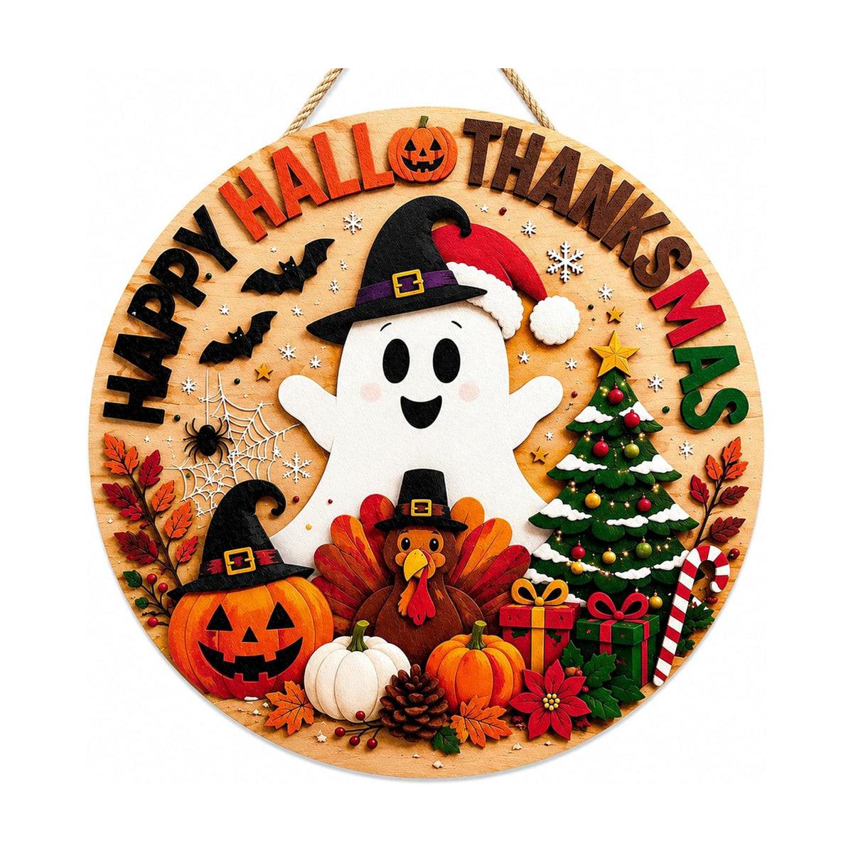 Halloween Decorations - Happy Hallothanksmas Wooden Sign for Front Door