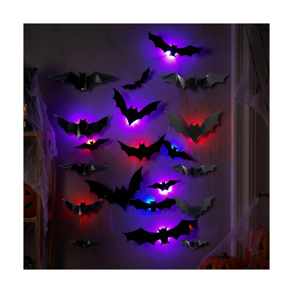 Halloween 3D Lighted Bats, LED Purple Glowing Wall Stickers, Indoor Outdoor