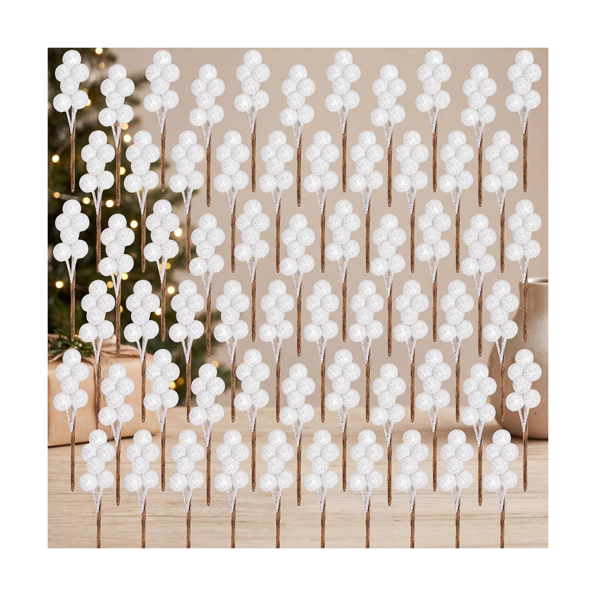 Tatuo 360 Pcs Glitter Ivory Holly Berries on 60 Stems, Christmas Winter