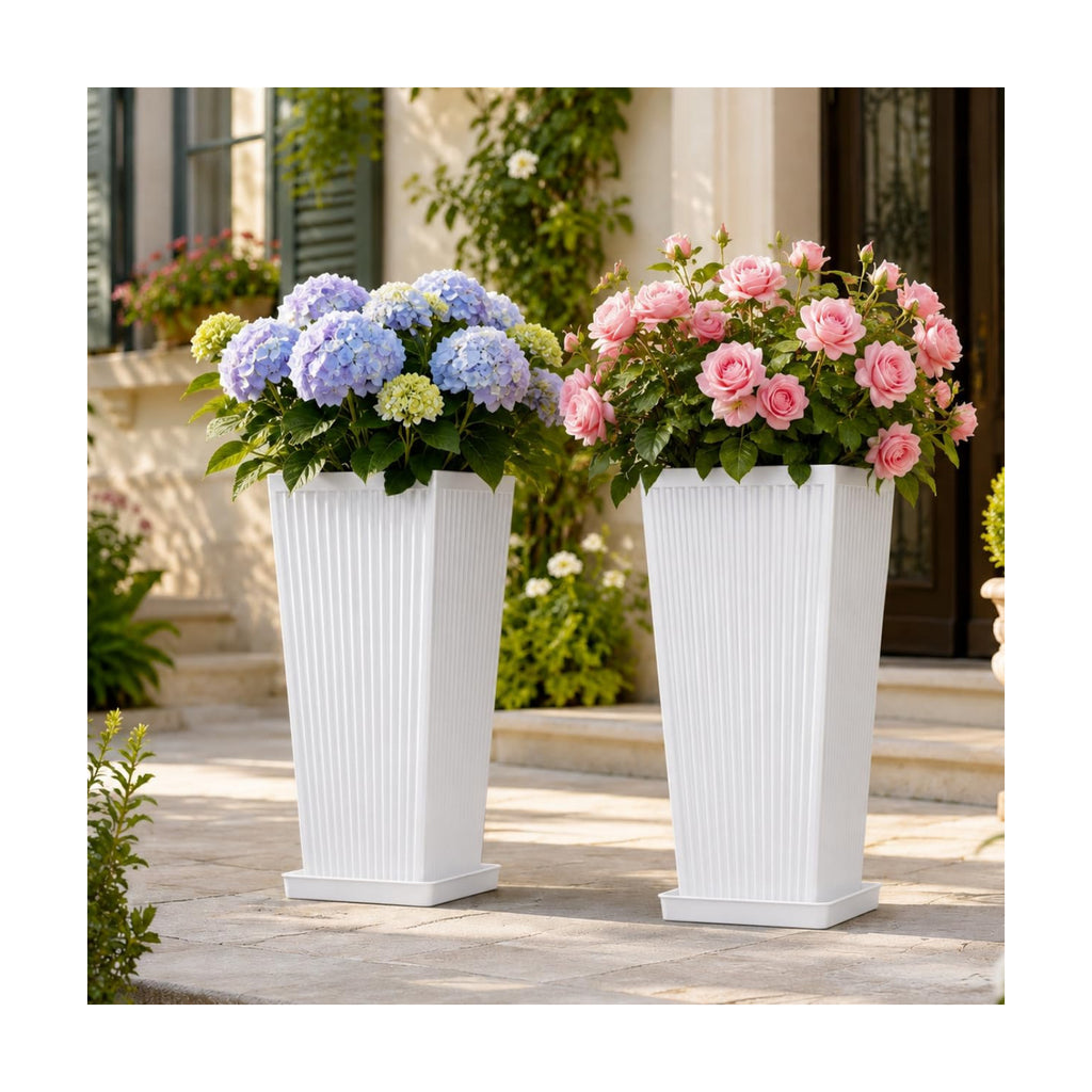 24" Tall Planters for Outdoor Plants Set of 2 Square Fluted,White | Textured Finishes Tapered Modern Large