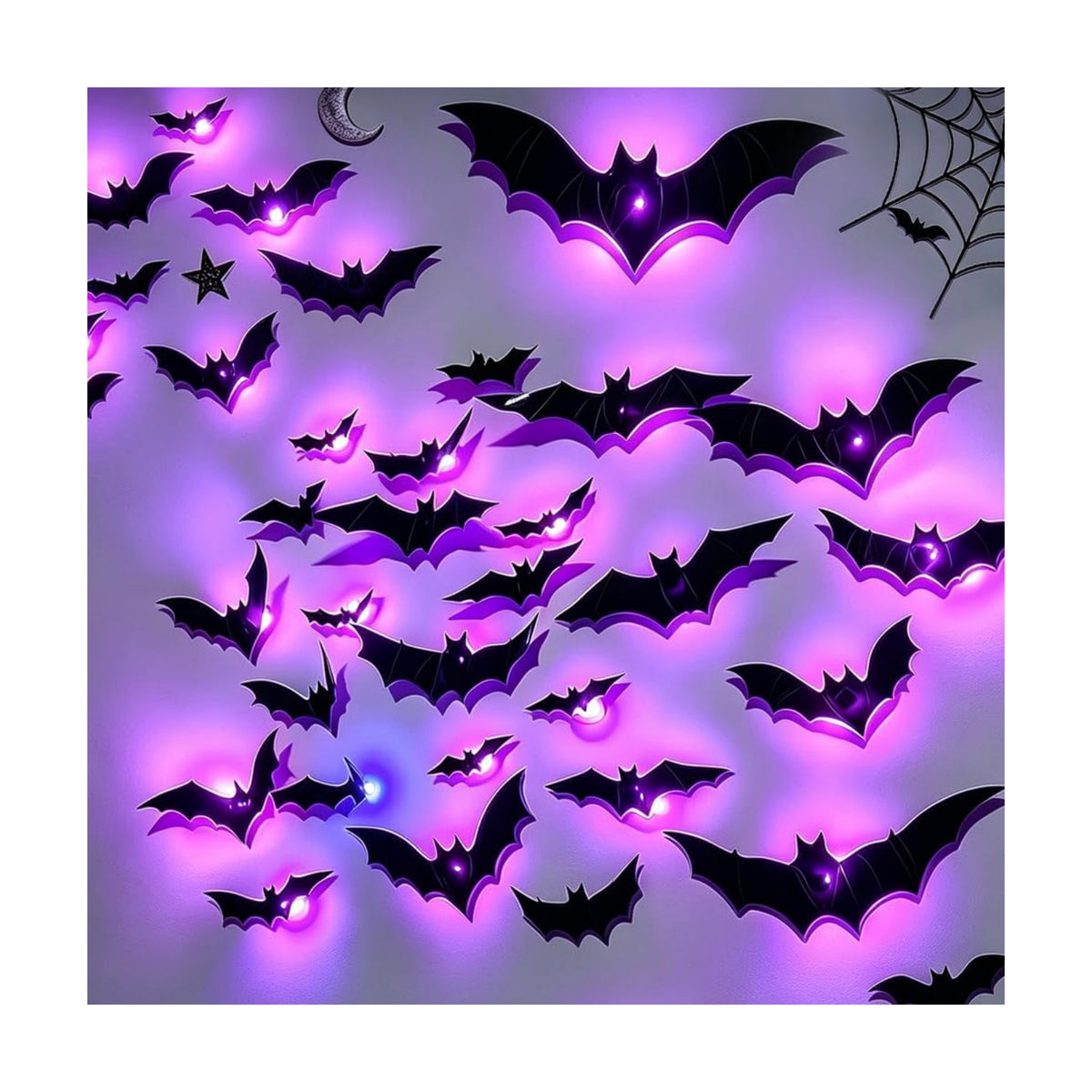 Halloween 3D Lighted Bats, LED Purple Glowing Wall Stickers, Indoor Outdoor