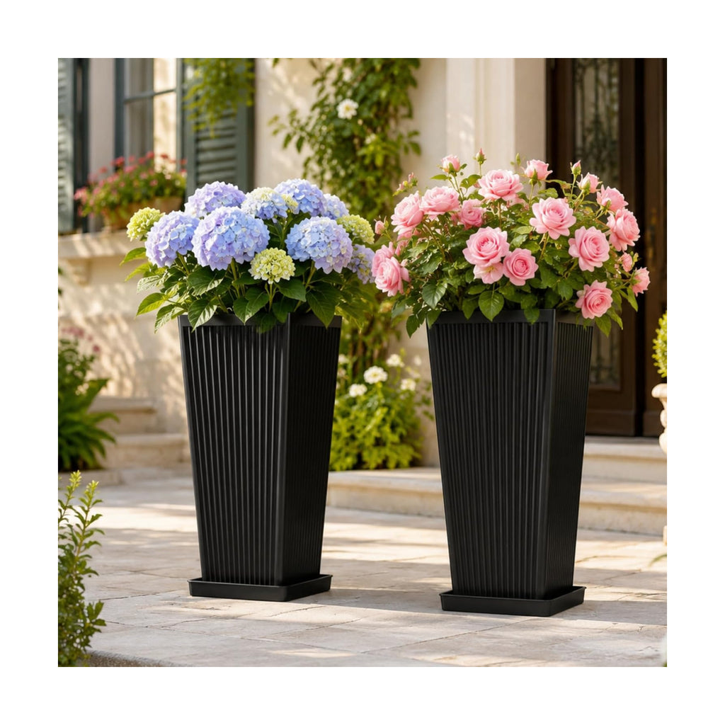 24" Tall Planters for Outdoor Plants Set of 2 Square Fluted,Black | Textured Finishes Tapered Modern Large
