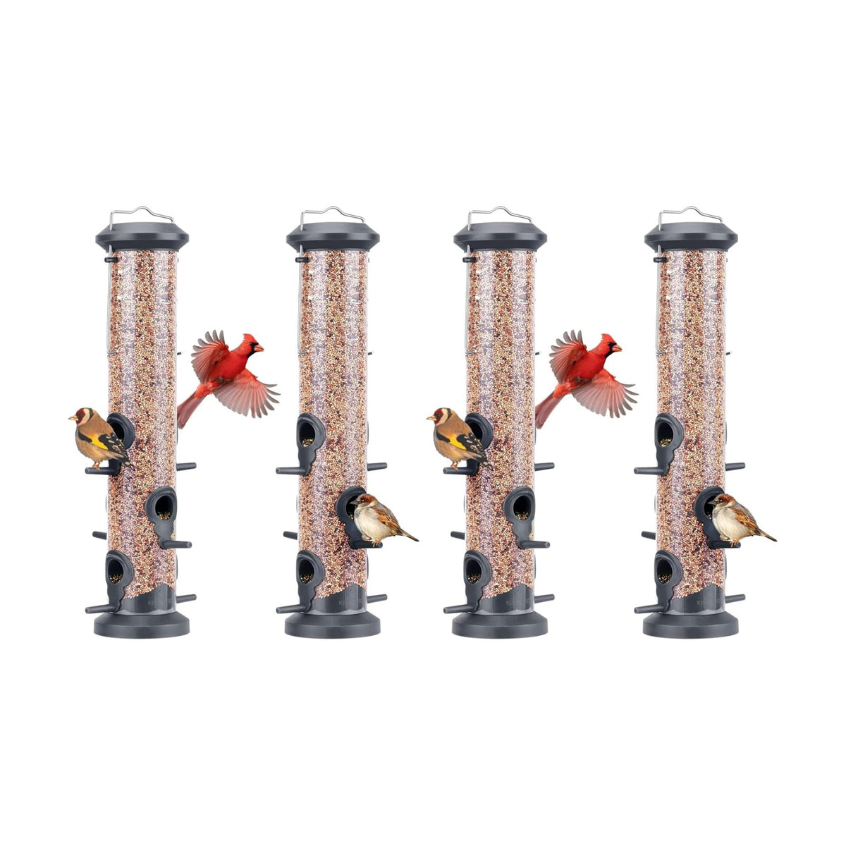 Kingsyard 4 Pack Tube Feeders with 6 Feeding Ports for Outdoors Hanging, Premium Hard Plastic Weatherproof & Steel Hanger, Attracting for Wild Birds (Black)