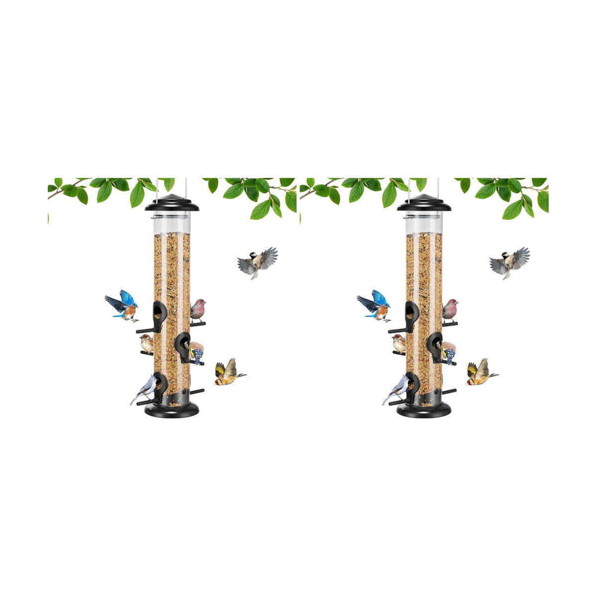 Kingsyard Metal Bird Feeders for Outdoors Hanging, Tube Bird Feeder with 6 Feeding Ports, 15 Inch, Chew-Proof & Weatherproof, Black (Pack of 2)