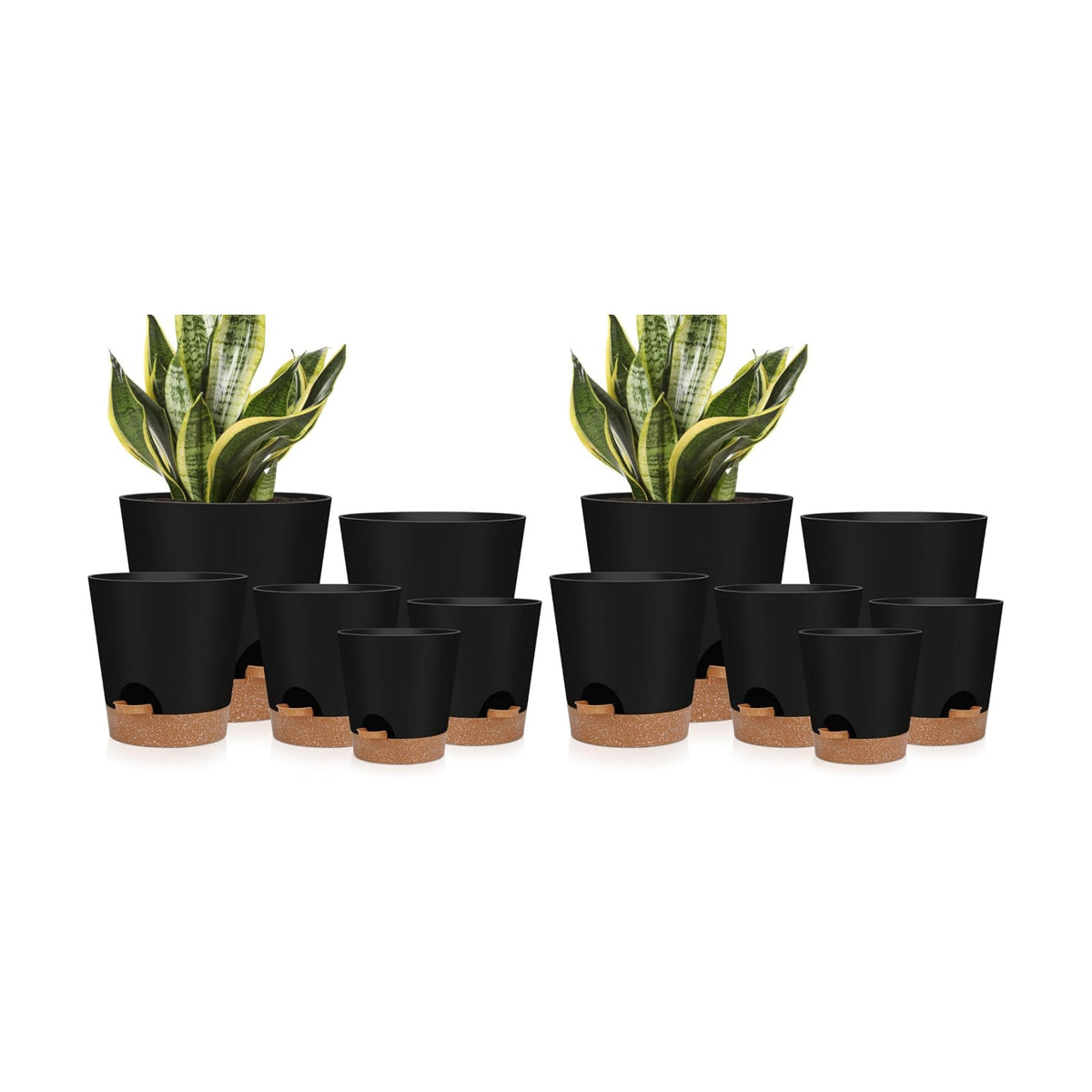 YNNICO Indoor Self Watering Planters with Drainage Holes and Saucers, 8, 7, 6.5, 6, 5.5, 5 Inches, Black, 6 Pots (Pack of 2)