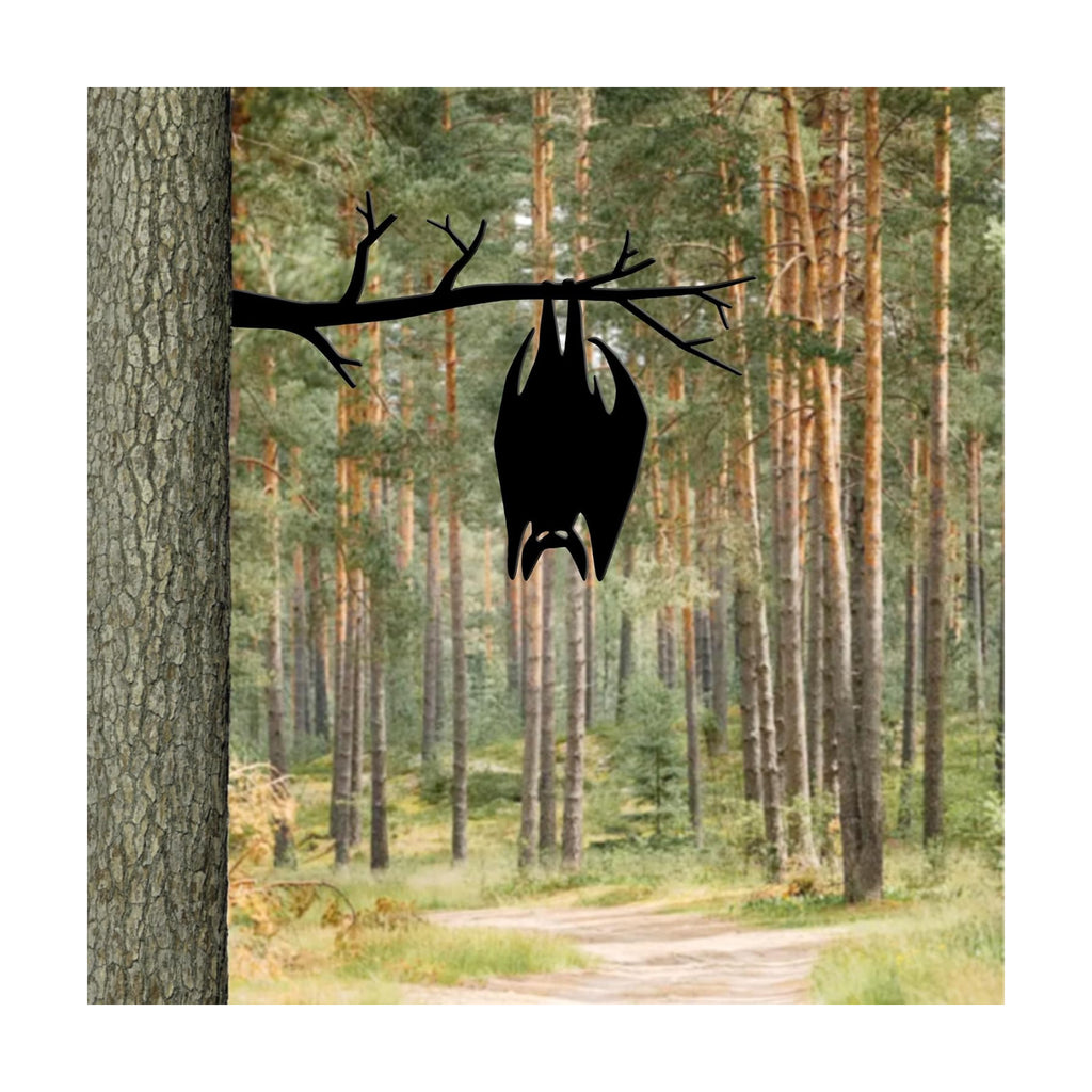 Frosted Black Hanging Bat Tree Stake Metal Art, Gothic Outdoor Yard Decor