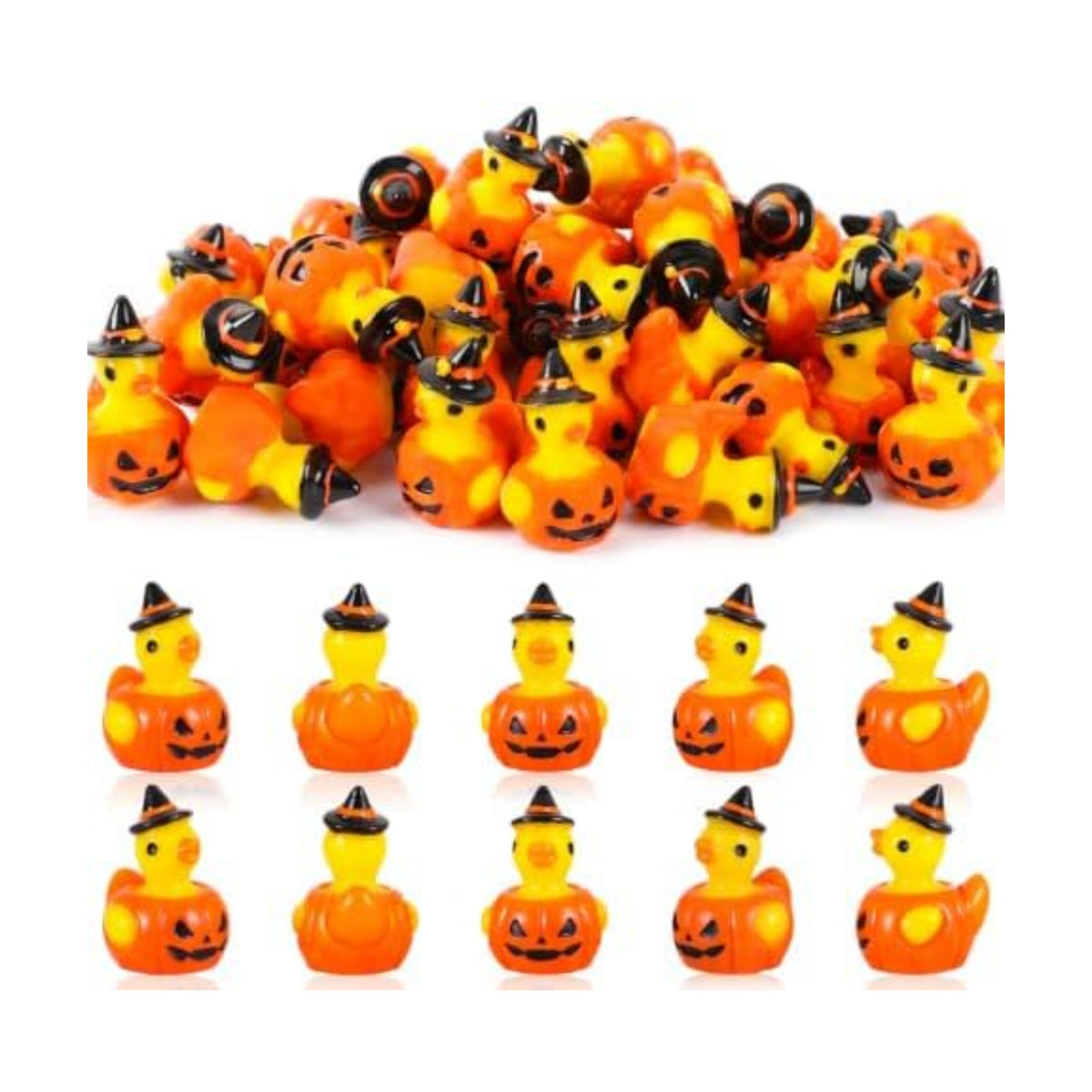 JUNEBRUSHS 50Pcs Mini Resin Ducks Halloween Tiny Pumpkin Ducks Figures