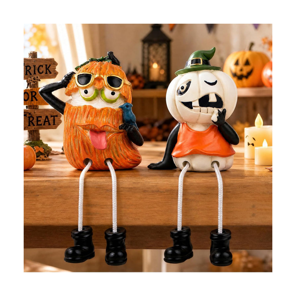XJar Set of 2 Shelf Sitter Figurine, Halloween Pumpkins with Dangling Legs